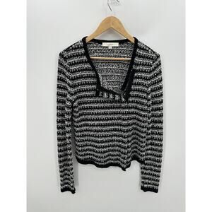 Loft Blazer Women Medium Black White Striped Tweed Full Zip Jacket Knit Career
